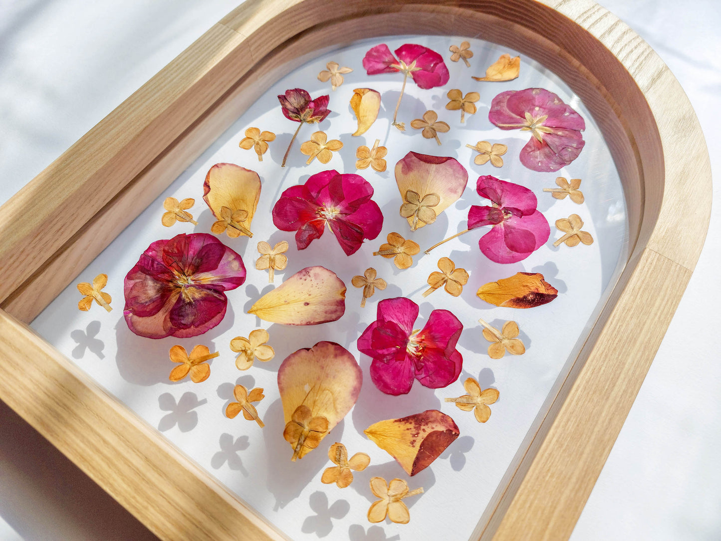 Geranium lilac pressed flower art rose petal on plexiglass with wooden arch frame for Nature lover gift for living room bedroom or kitchen and dining room