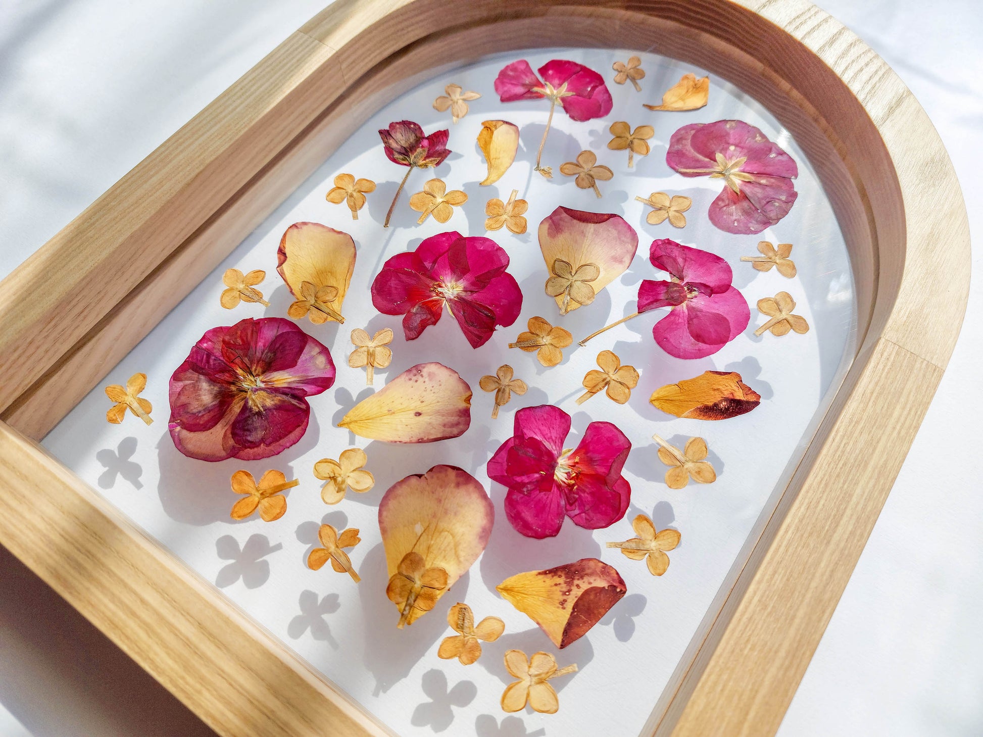 Geranium lilac pressed flower art rose petal on plexiglass with wooden arch frame for Nature lover gift for living room bedroom or kitchen and dining room