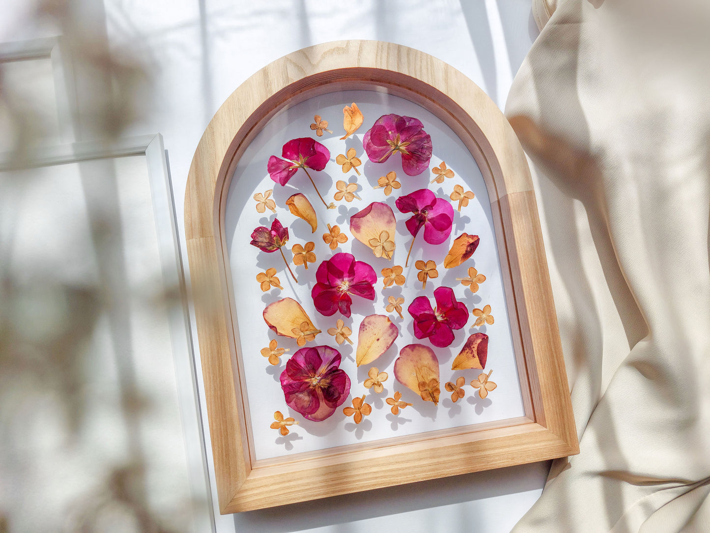Geranium lilac pressed flower art rose petal on plexiglass with wooden arch frame for Nature lover gift for living room bedroom or kitchen and dining room
