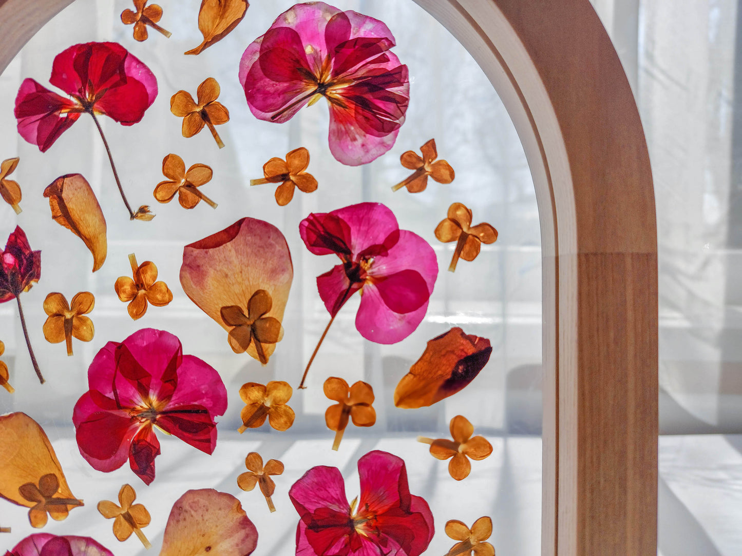Details Pink and beige Geranium lilac pressed flower art rose petal on plexiglass with wooden arch frame
