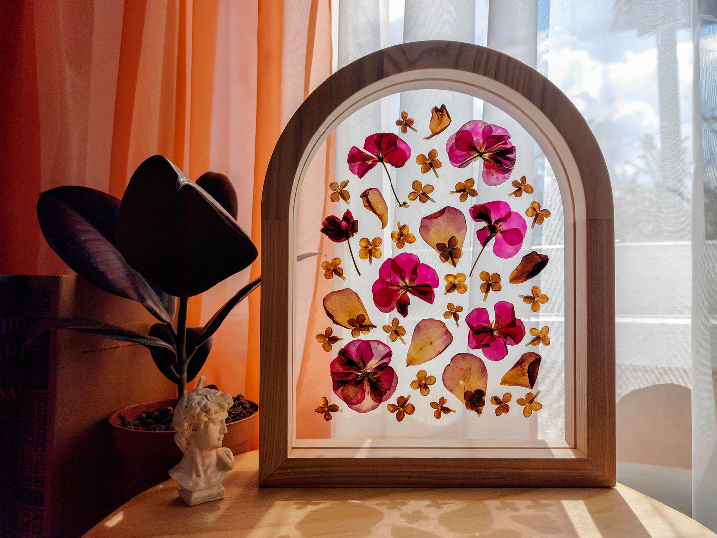 Geranium lilac pressed flower art rose petal on plexiglass with wooden arch frame for Nature lover gift for living room bedroom or kitchen and dining room