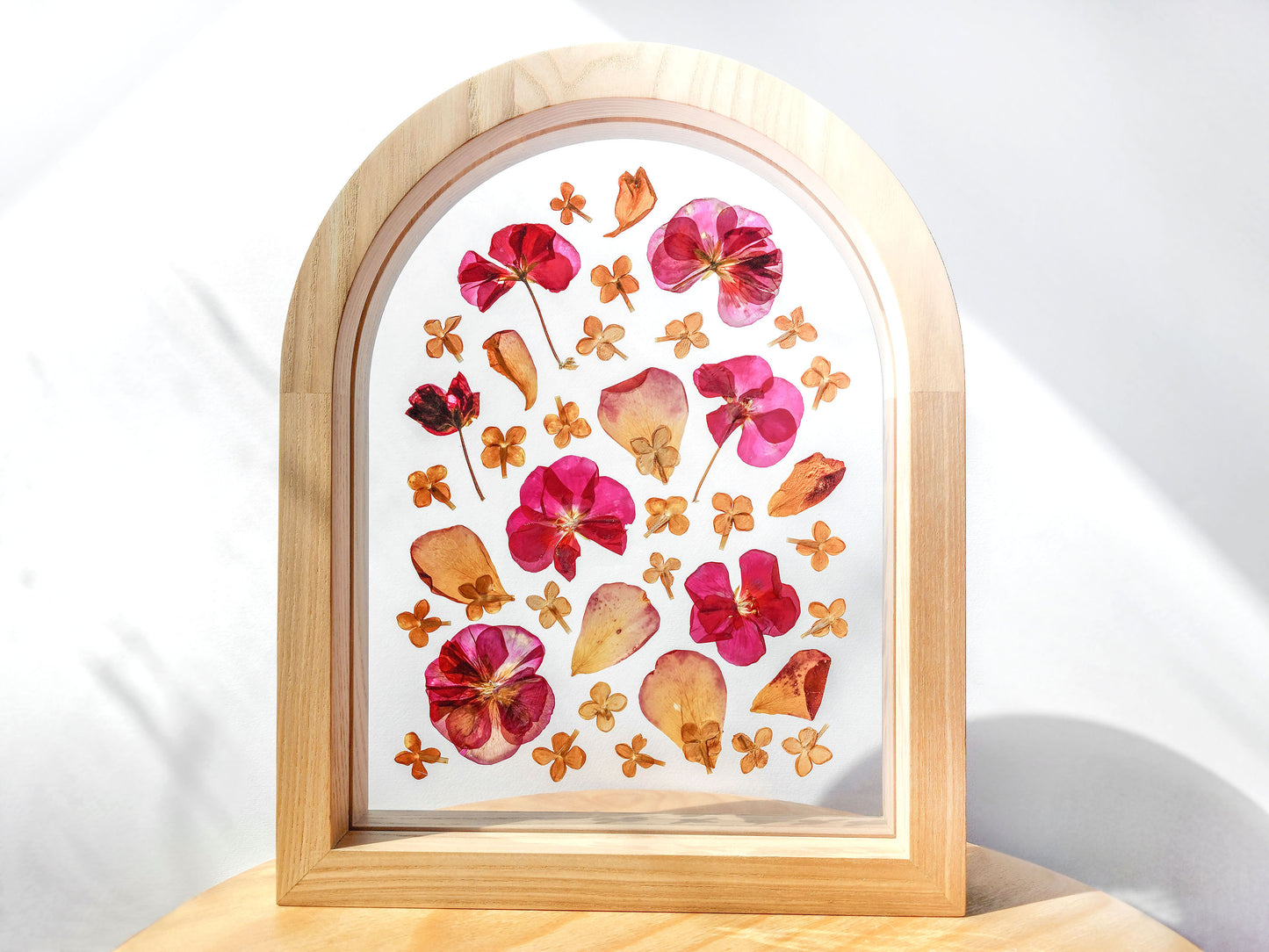 Geranium lilac pressed flower art rose petal on plexiglass with wooden arch frame for Nature lover gift for living room bedroom or kitchen and dining room