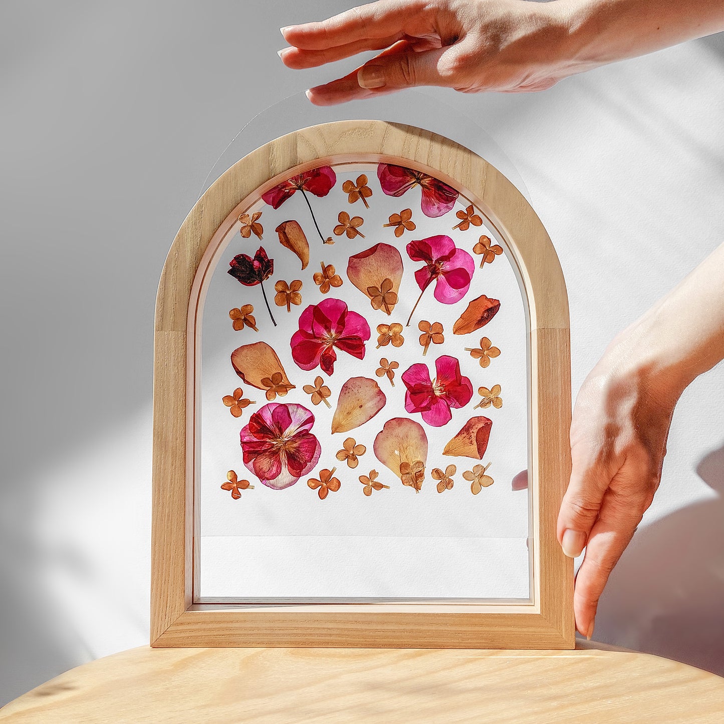 Geranium lilac pressed flower art rose petal on plexiglass with wooden arch frame for Nature lover gift for living room bedroom or kitchen and dining room