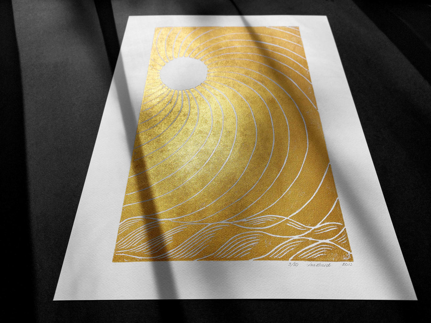 Gold japanese sun and waves Linocut print for New home gift UNFRAMED Housewarming gift New home gift Living room bedroom decor 16x12 Original artwork Classical wall decor