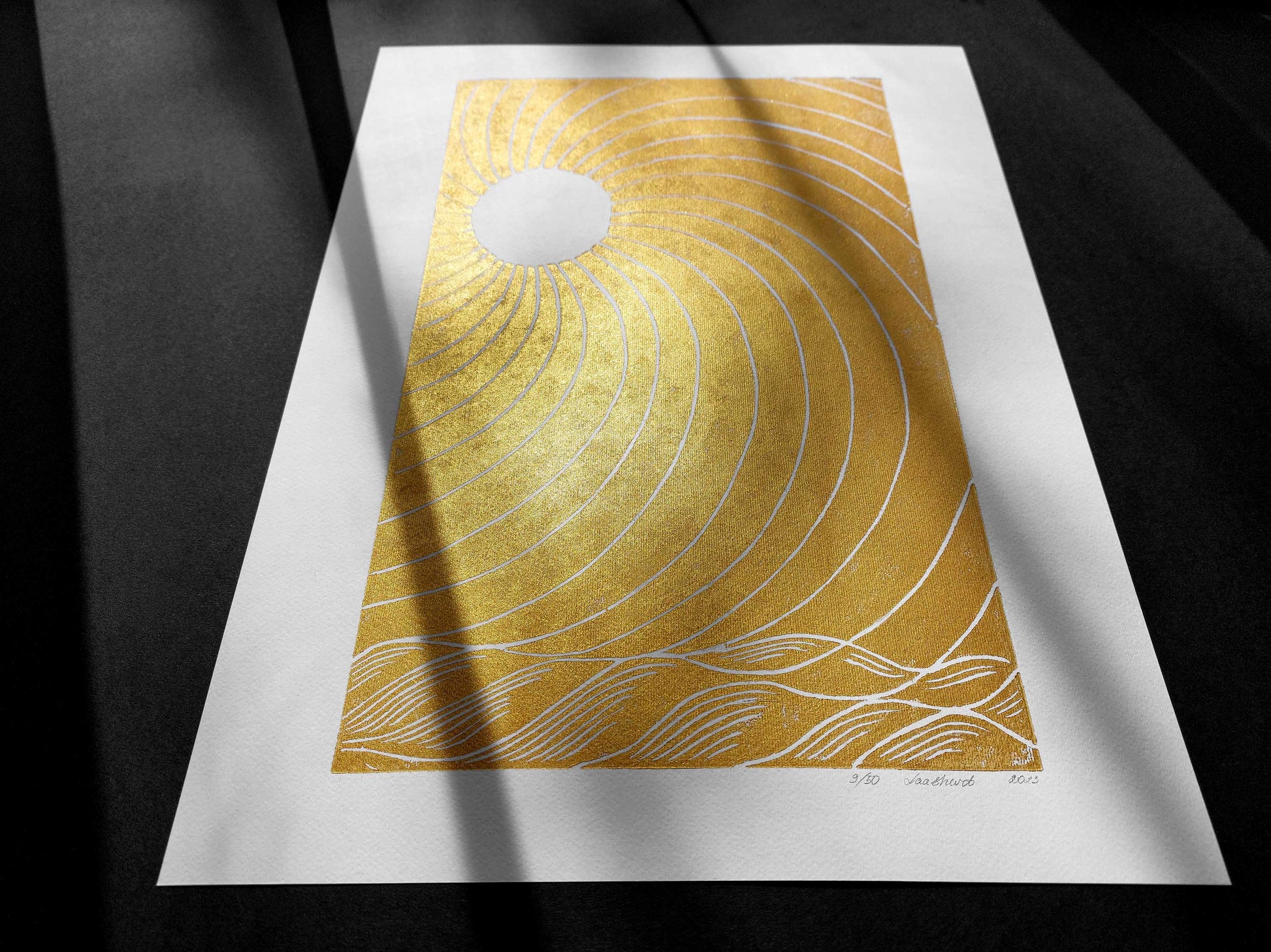 Gold japanese sun and waves Linocut print for New home gift UNFRAMED Housewarming gift New home gift Living room bedroom decor 16x12 Original artwork Classical wall decor