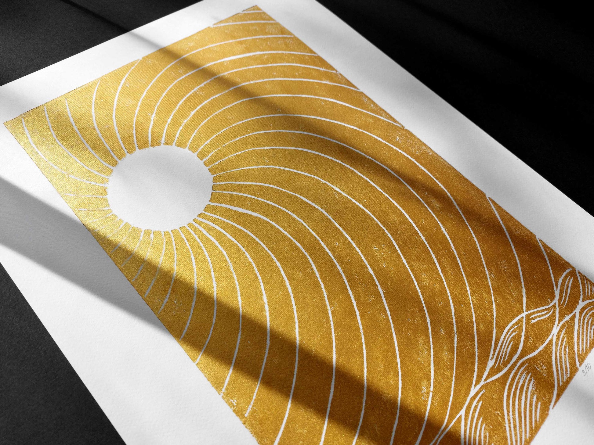 Gold japanese sun and waves Linocut print for New home gift UNFRAMED Housewarming gift New home gift Living room bedroom decor 16x12 Original artwork Classical wall decor