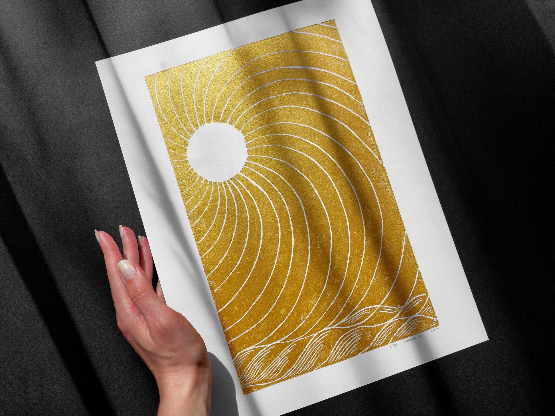 Gold japanese sun and waves Linocut print for New home gift UNFRAMED Housewarming gift New home gift Living room bedroom decor 16x12 Original artwork Classical wall decor