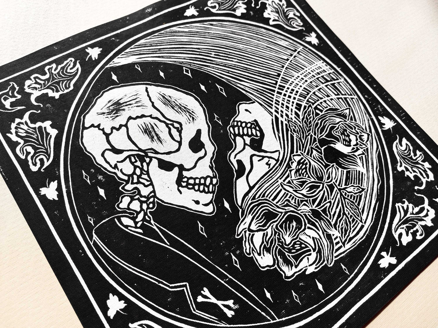 Yin yang eternal love Her and him skull Linocut print for Gothic lover gift UNFRAMED Housewarming gift New home gift Living room or bedroom decor 16x12 Reptile Original artwork Classical wall decor