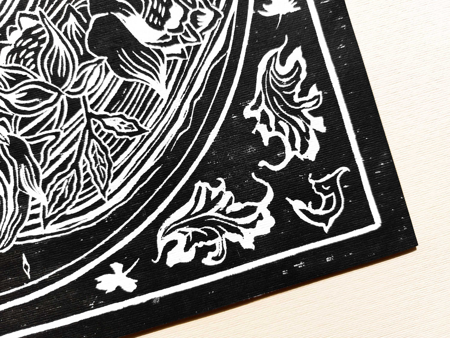 Black and beige Her and him skull Linocut print / printmaking / lino print / linogravure