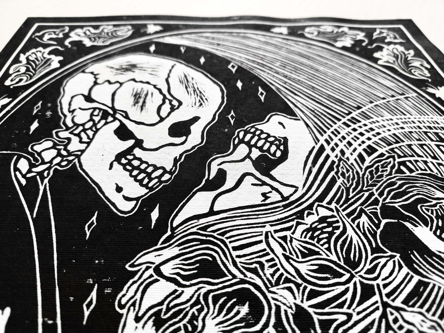 Black and beige Her and him skull Linocut print / printmaking / lino print / linogravure