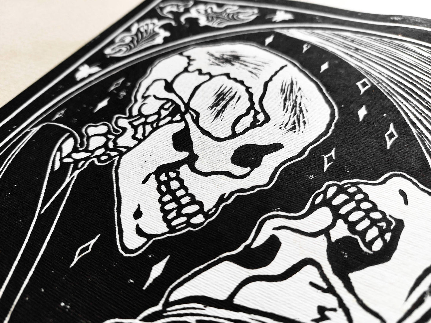 Black and beige Her and him skull Linocut print / printmaking / lino print / linogravure