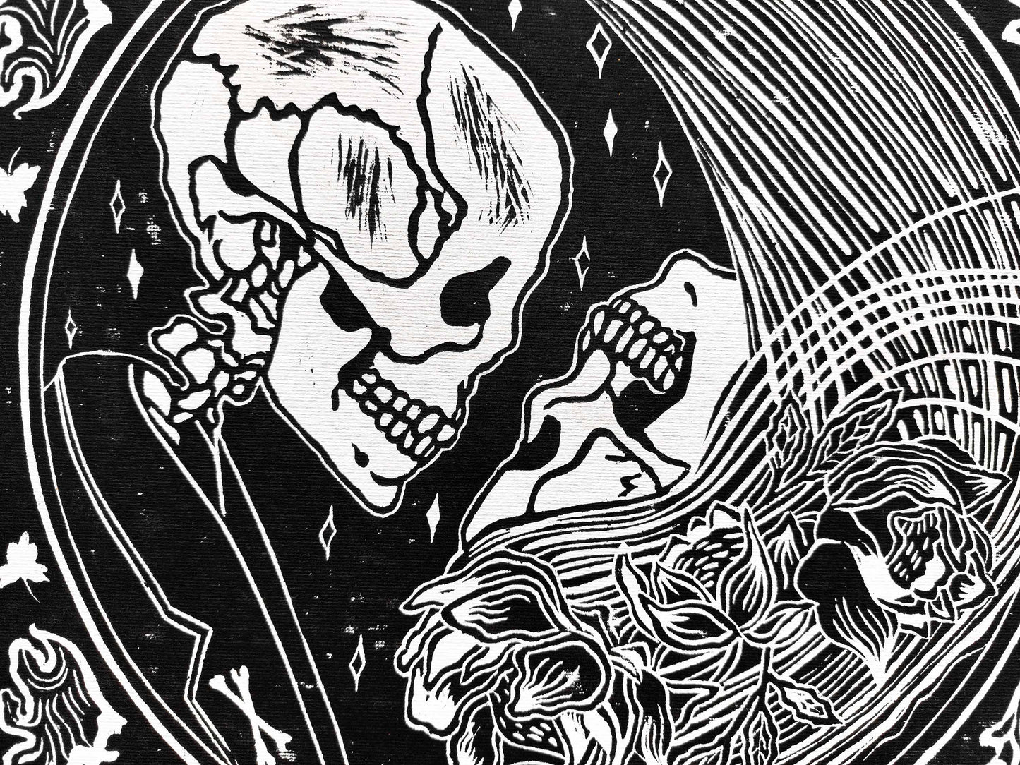 Black and beige Her and him skull Linocut print / printmaking / lino print / linogravure
