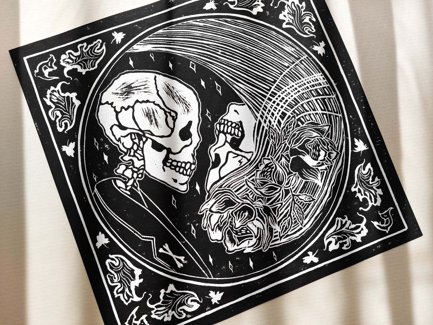 Yin yang eternal love Her and him skull Linocut print for Gothic lover gift UNFRAMED Housewarming gift New home gift Living room or bedroom decor 16x12 Reptile Original artwork Classical wall decor