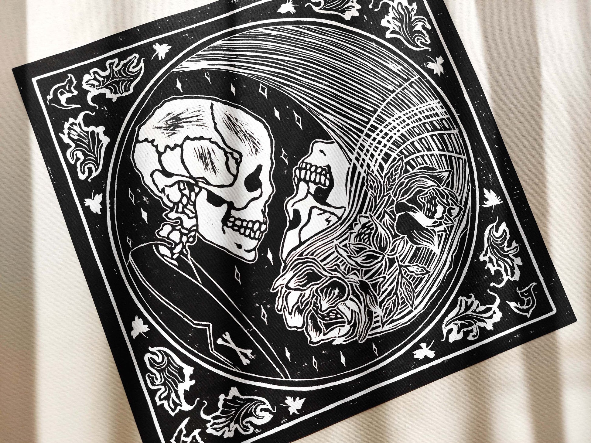 Yin yang eternal love Her and him skull Linocut print for Gothic lover gift UNFRAMED Housewarming gift New home gift Living room or bedroom decor 16x12 Reptile Original artwork Classical wall decor
