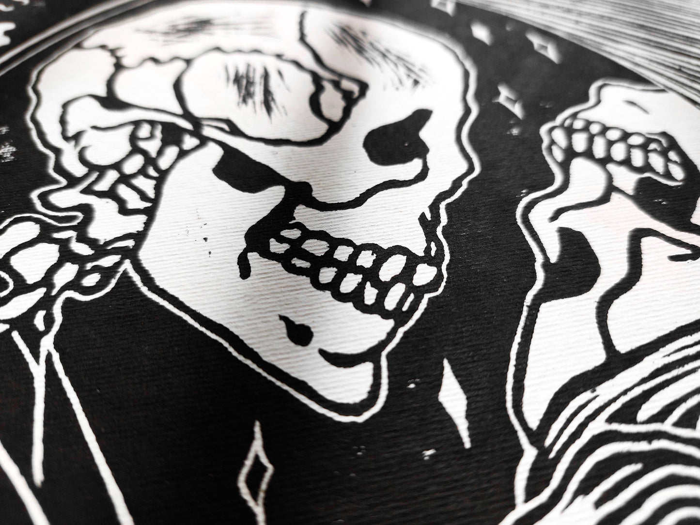 Black and beige Her and him skull Linocut print / printmaking / lino print / linogravure