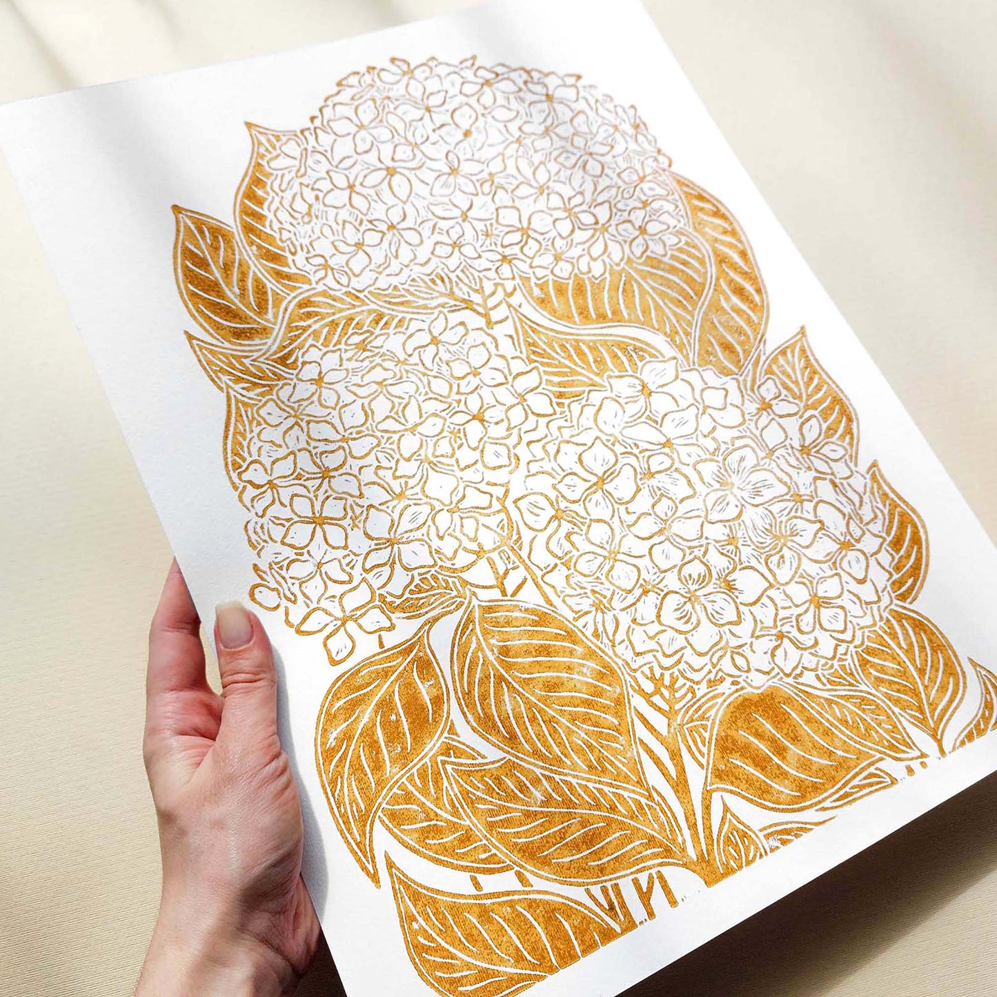 Ochre hydrangea flowers Linocut print Wall hanging art decor going away gift for coworker, godparent gift, godmother gift, girlfriend gift, gift for the home, gift for best friend female, foraged wall art, Flower wall art, Floral wall art, Farmhouse wall decor, farm kitchen wall art, farm decor, easter gift, dorm room decor, diy gift, Dining Room Decor, daughter in law gift, cottagecore wall art, Botanical wall art, bookshelf decor, Bedroom wall art, aunt gift, Aesthetic wall art, office wall decor