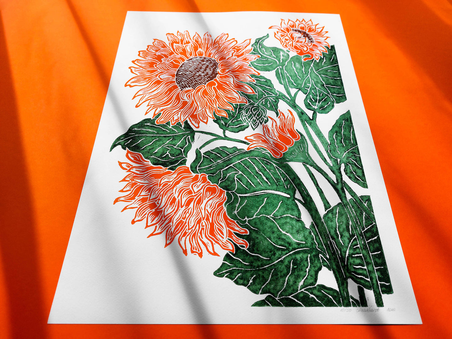 Orange and green sunflowers Linocut print for Nature lover gift UNFRAMED Housewarming gift Nature lover gift New home gift Kitchen wall decor Living room bedroom decor 12x16 Original artwork