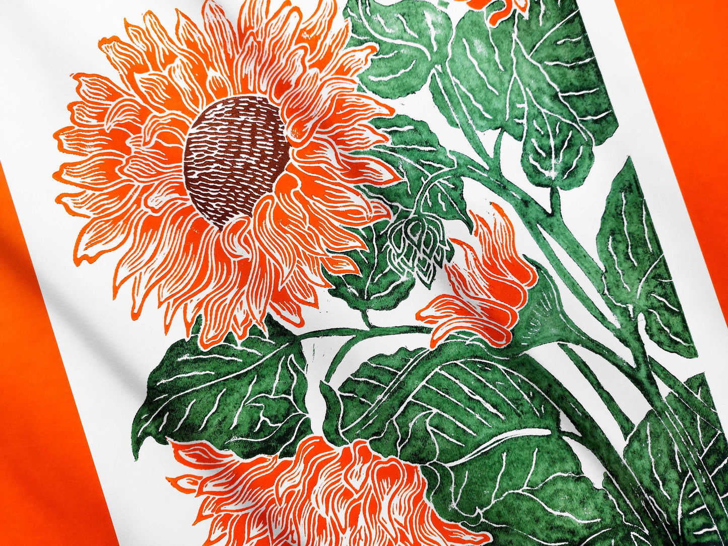 Orange and green sunflowers Linocut print for Nature lover gift UNFRAMED Housewarming gift Nature lover gift New home gift Kitchen wall decor Living room bedroom decor 12x16 Original artwork