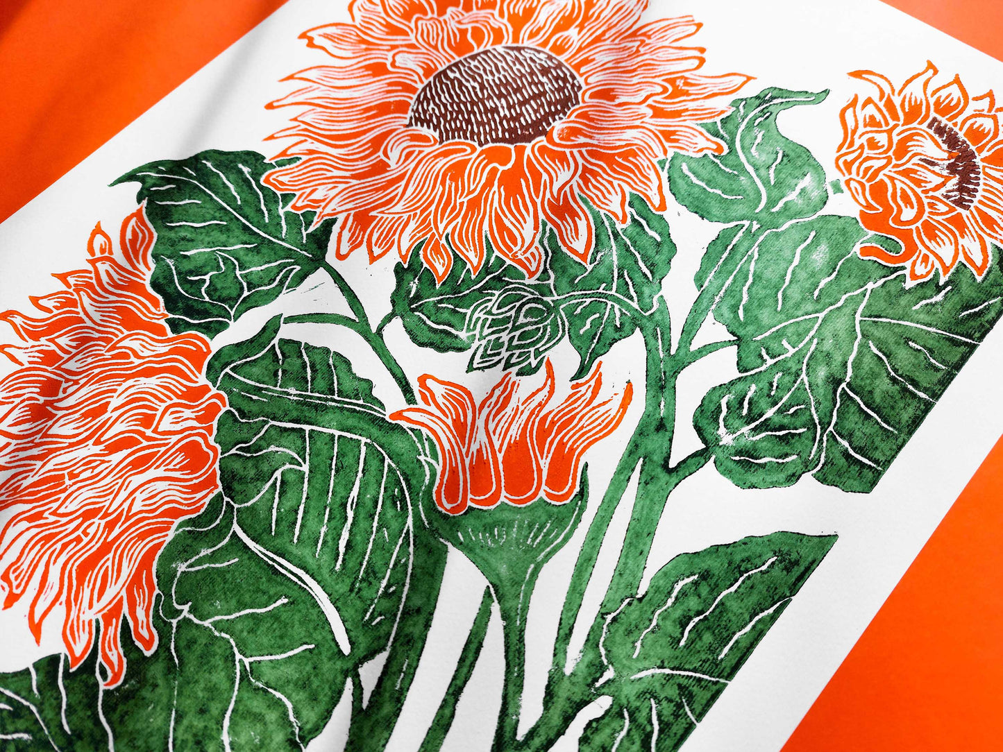 Orange and green sunflowers Linocut print for Nature lover gift UNFRAMED Housewarming gift Nature lover gift New home gift Kitchen wall decor Living room bedroom decor 12x16 Original artwork