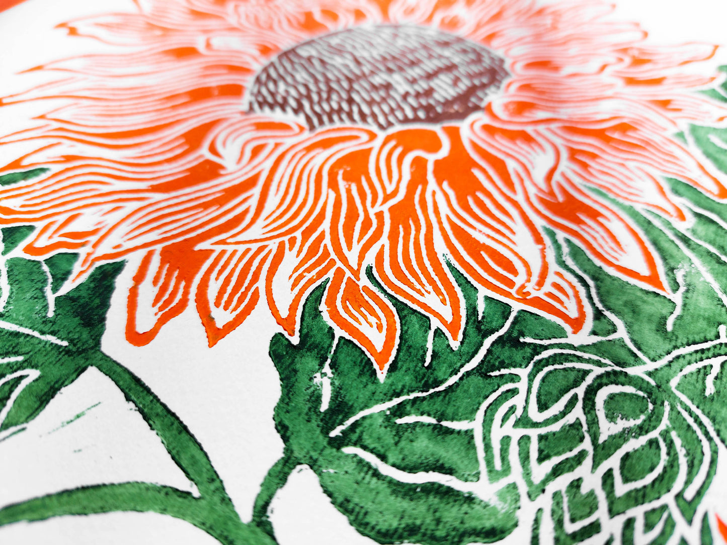 Orange and green sunflowers Linocut print / block print / relief print / printmaking / lino print / linogravure