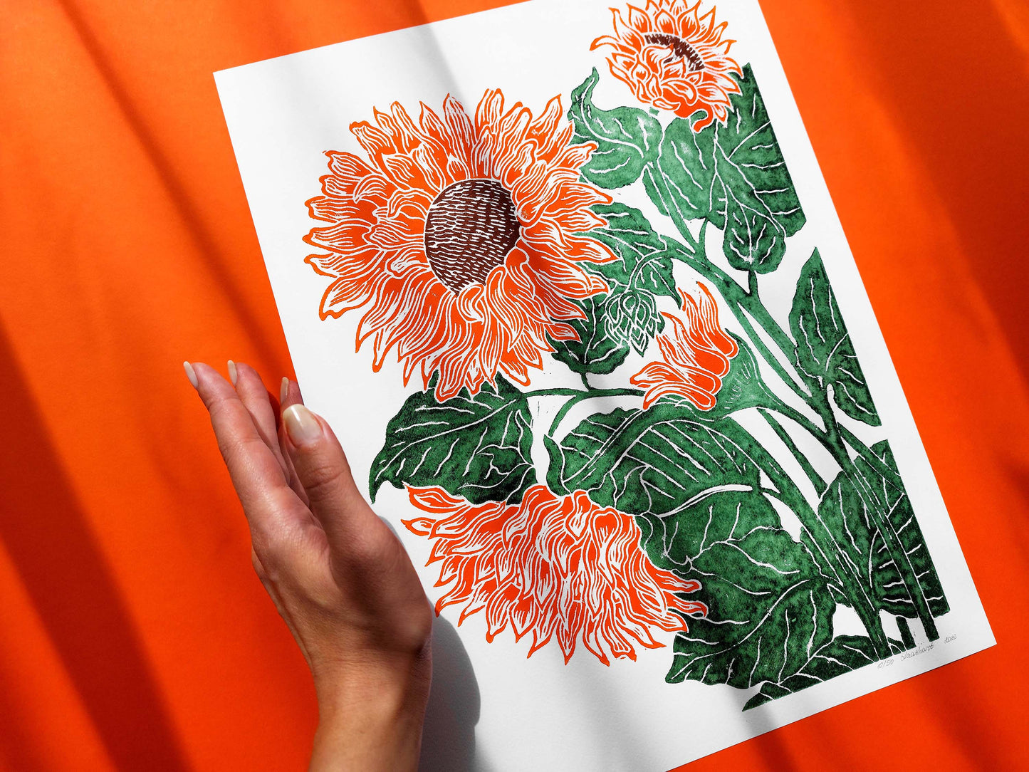 Orange and green sunflowers Linocut print for Nature lover gift UNFRAMED Housewarming gift Nature lover gift New home gift Kitchen wall decor Living room bedroom decor 12x16 Original artwork