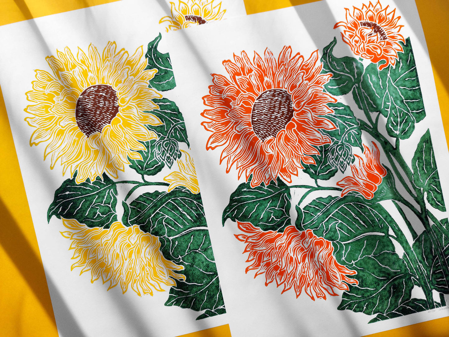 Yellow or orange and green sunflowers Linocut print / block print / relief print / printmaking / lino print / linogravure