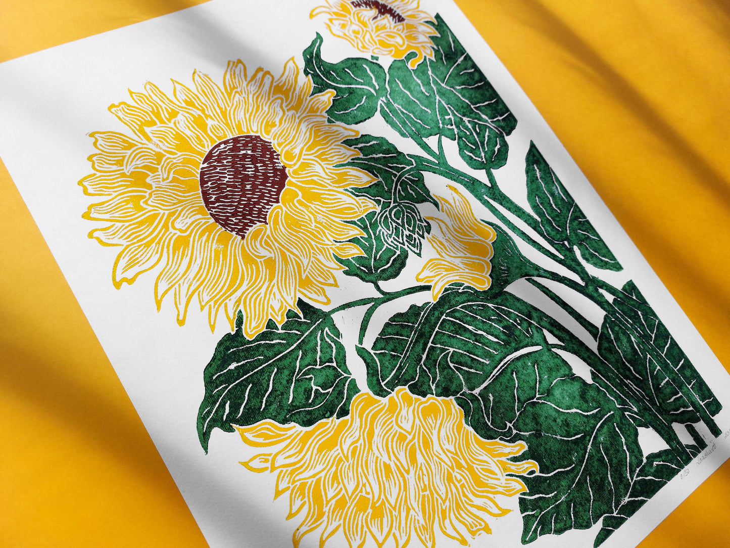 Yellow and green sunflowers Linocut print for Nature lover gift UNFRAMED Housewarming gift Nature lover gift New home gift Kitchen wall decor Living room bedroom decor 12x16 Original artwork