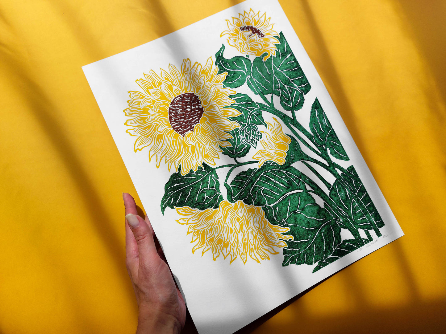 Yellow and green sunflowers Linocut print for Nature lover gift UNFRAMED Housewarming gift Nature lover gift New home gift Kitchen wall decor Living room bedroom decor 12x16 Original artwork
