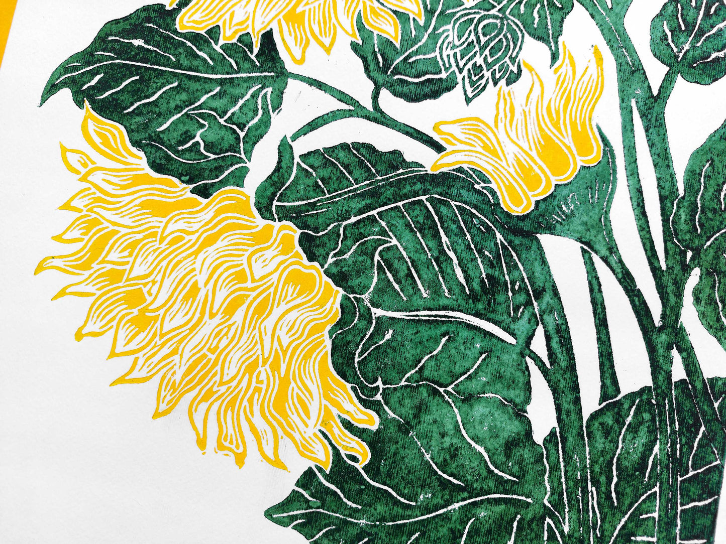 Yellow and green sunflowers Linocut print / block print / relief print / printmaking / lino print / linogravure