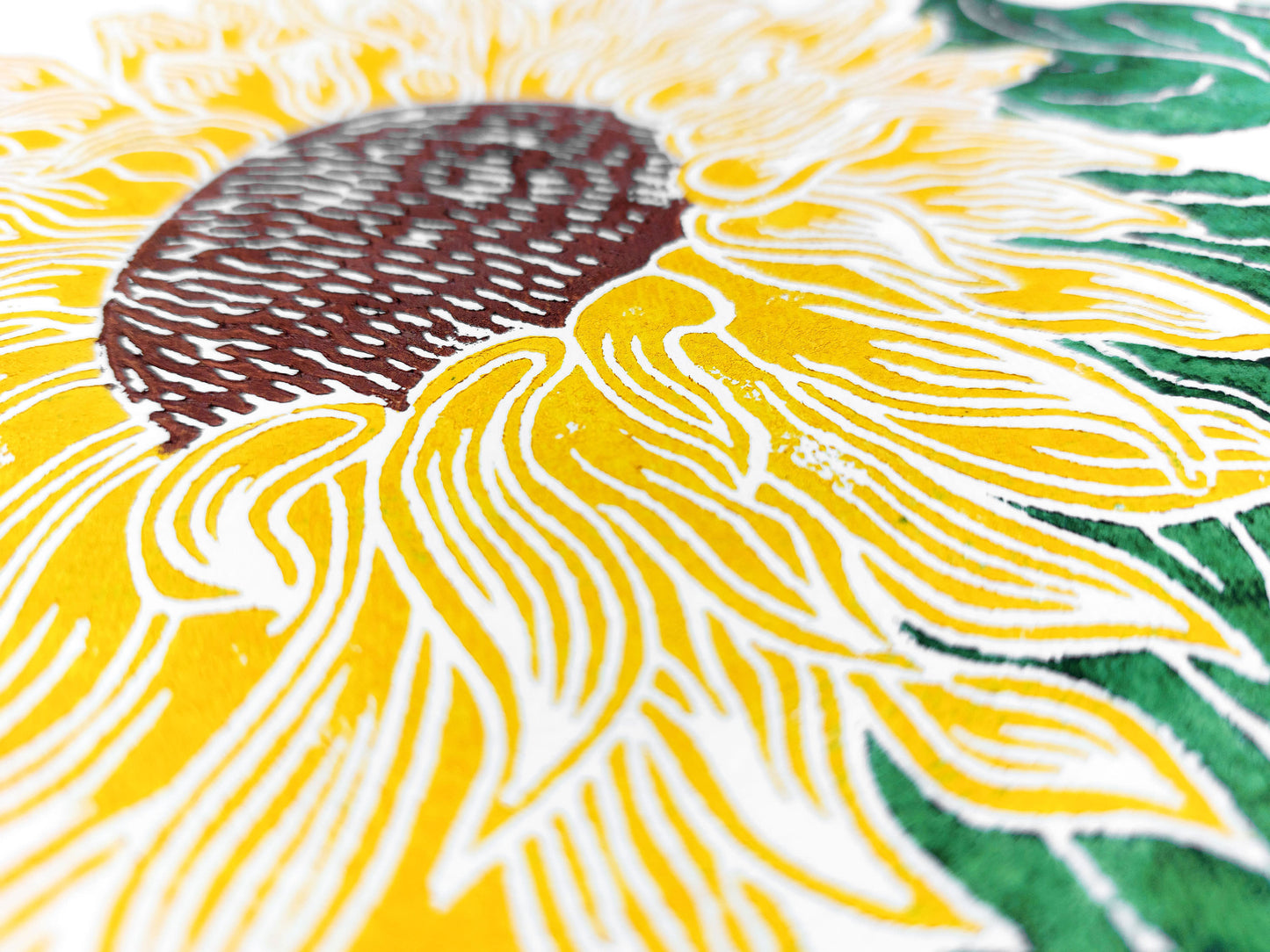 Yellow and green sunflowers Linocut print / block print / relief print / printmaking / lino print / linogravure