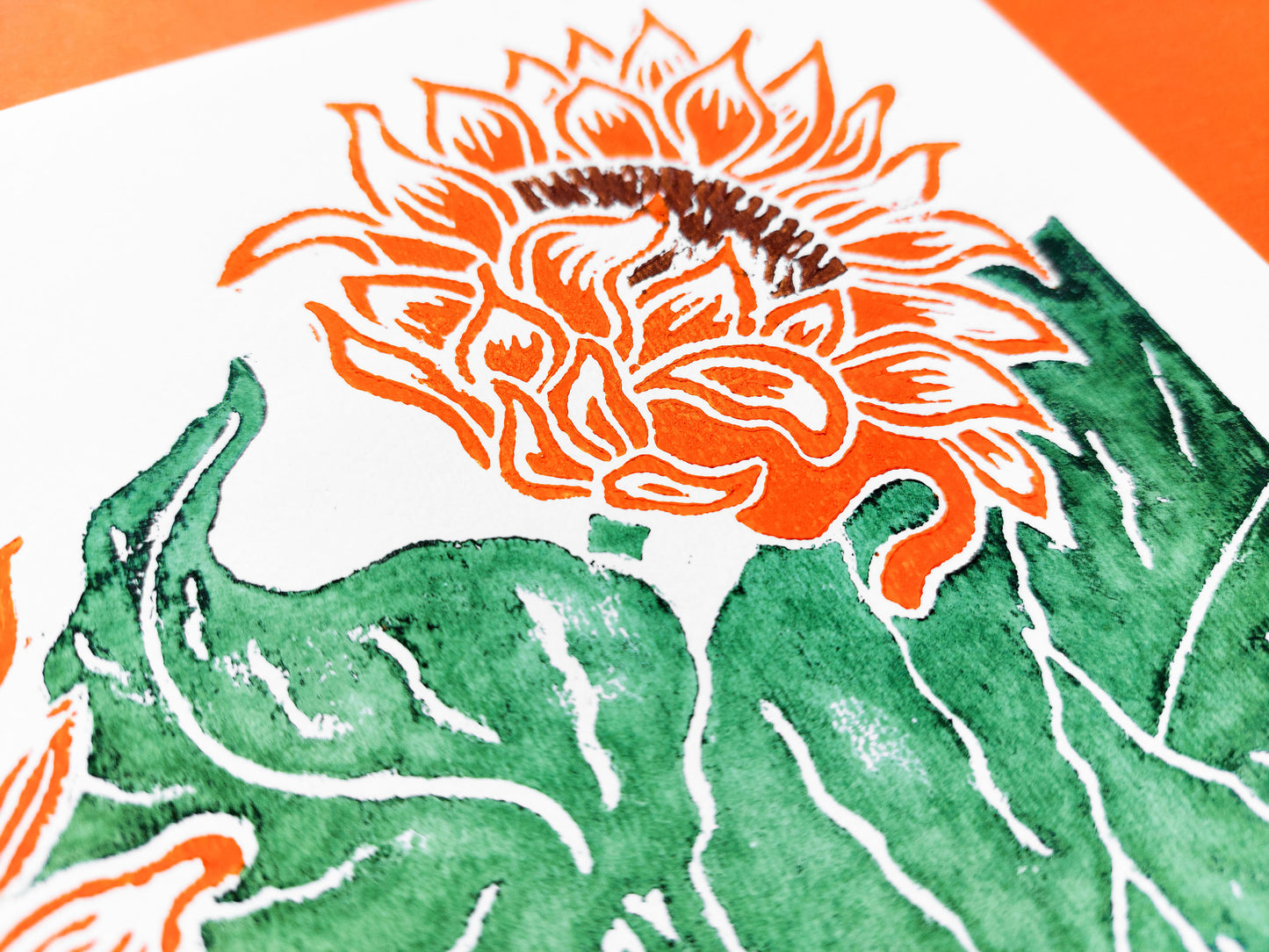 Orange and green sunflowers Linocut print / block print / relief print / printmaking / lino print / linogravure