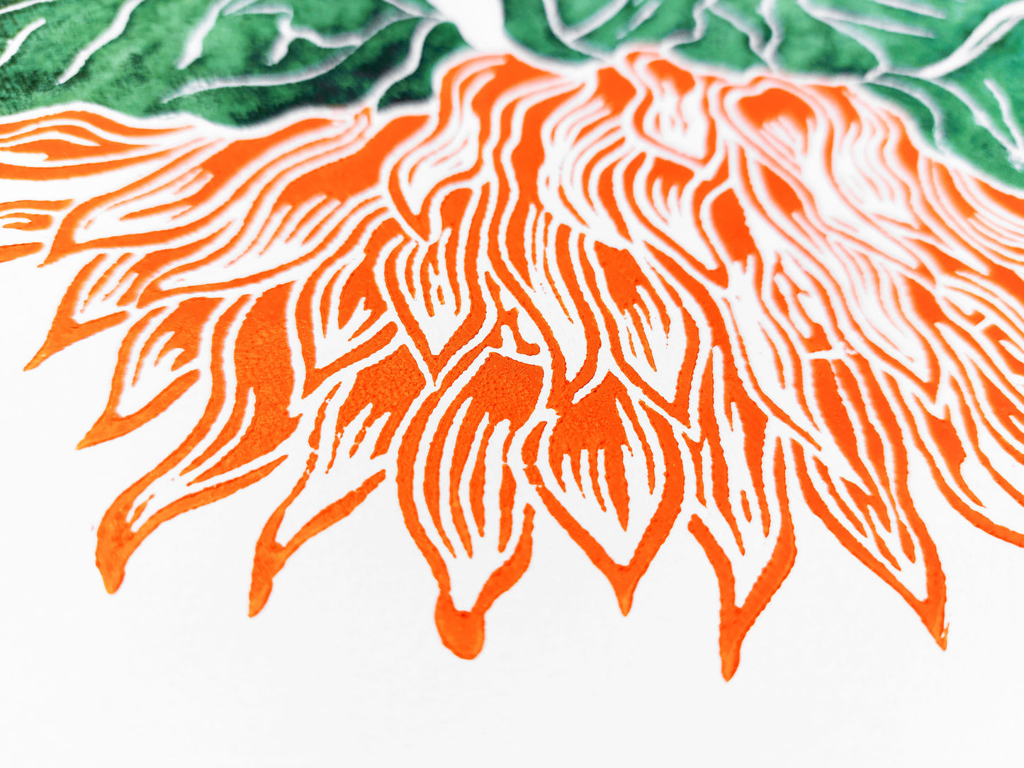 Orange and green sunflowers Linocut print / block print / relief print / printmaking / lino print / linogravure