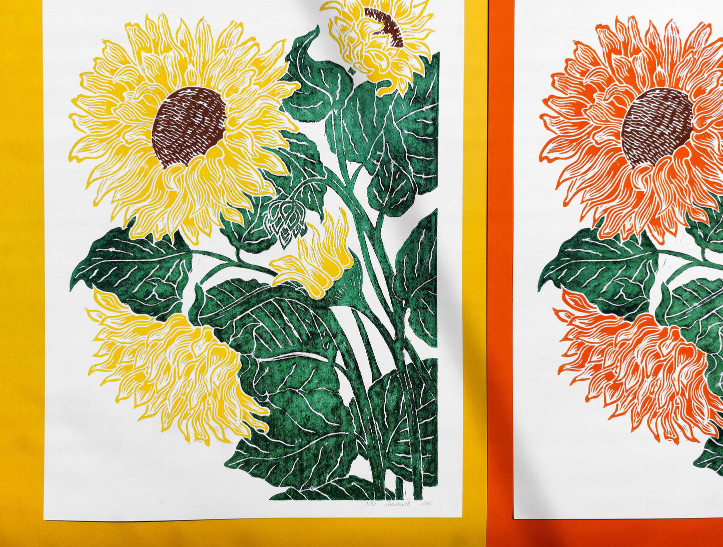 Yellow or orange and green sunflowers Linocut print / block print / relief print / printmaking / lino print / linogravure