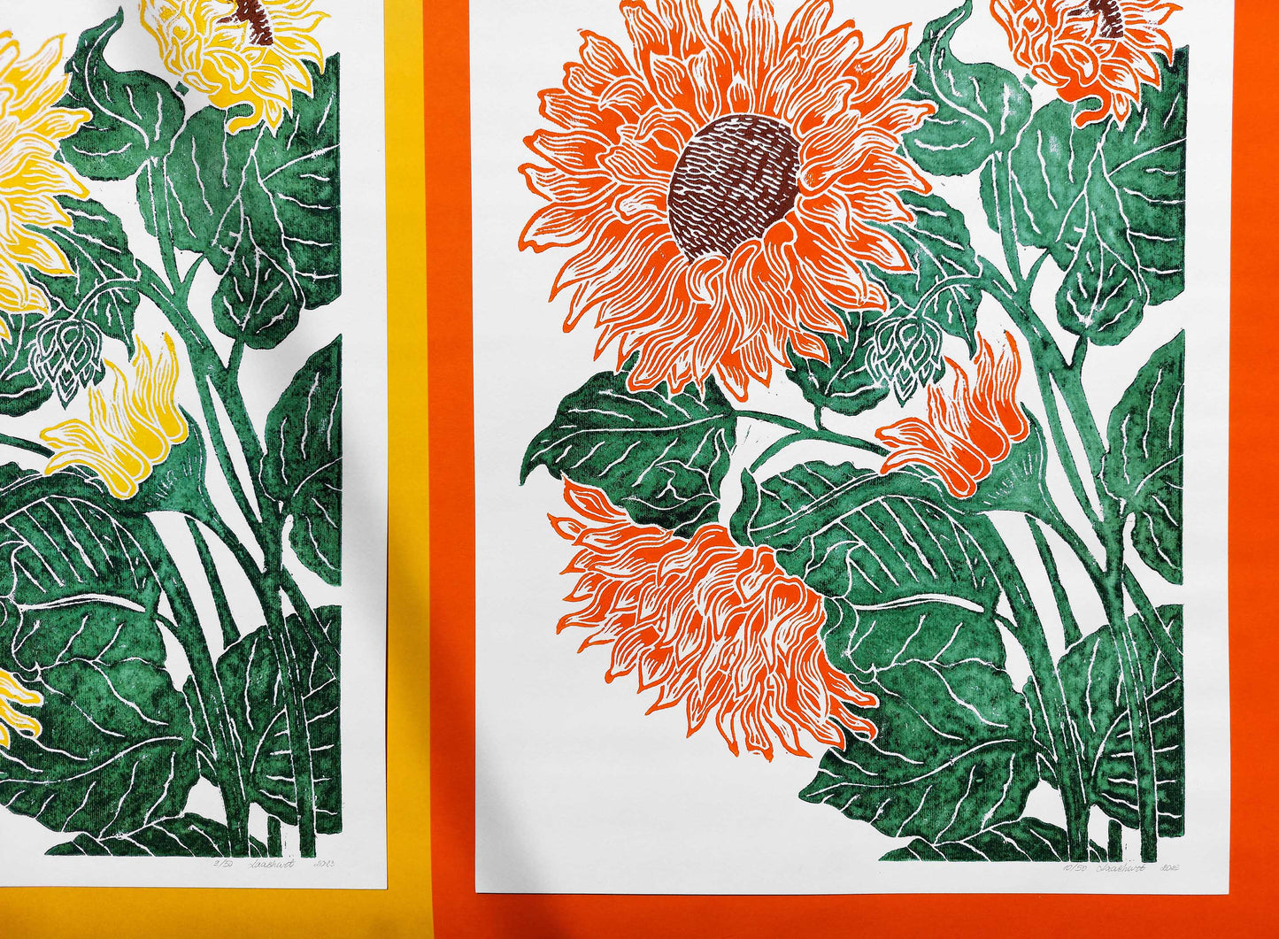 Yellow or orange and green sunflowers Linocut print / block print / relief print / printmaking / lino print / linogravure