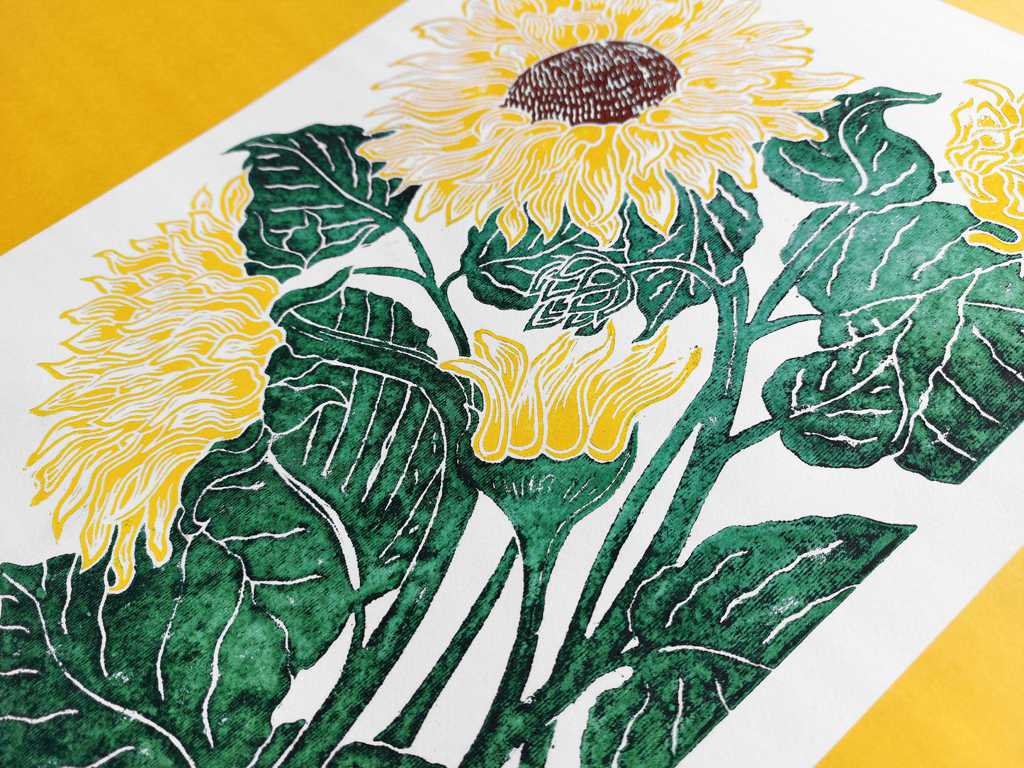 Yellow and green sunflowers Linocut print for Nature lover gift UNFRAMED Housewarming gift Nature lover gift New home gift Kitchen wall decor Living room bedroom decor 12x16 Original artwork