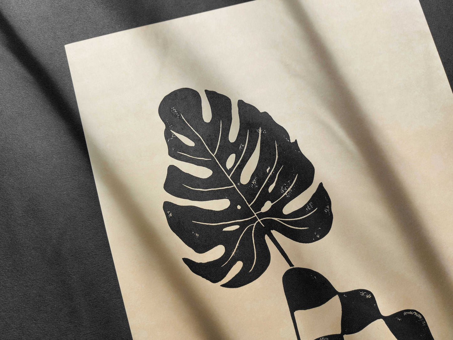 Black and beige checkered vase and monstera leaf wall art Linocut print / lino print / linogravure / original artwork / relief print / handmade art