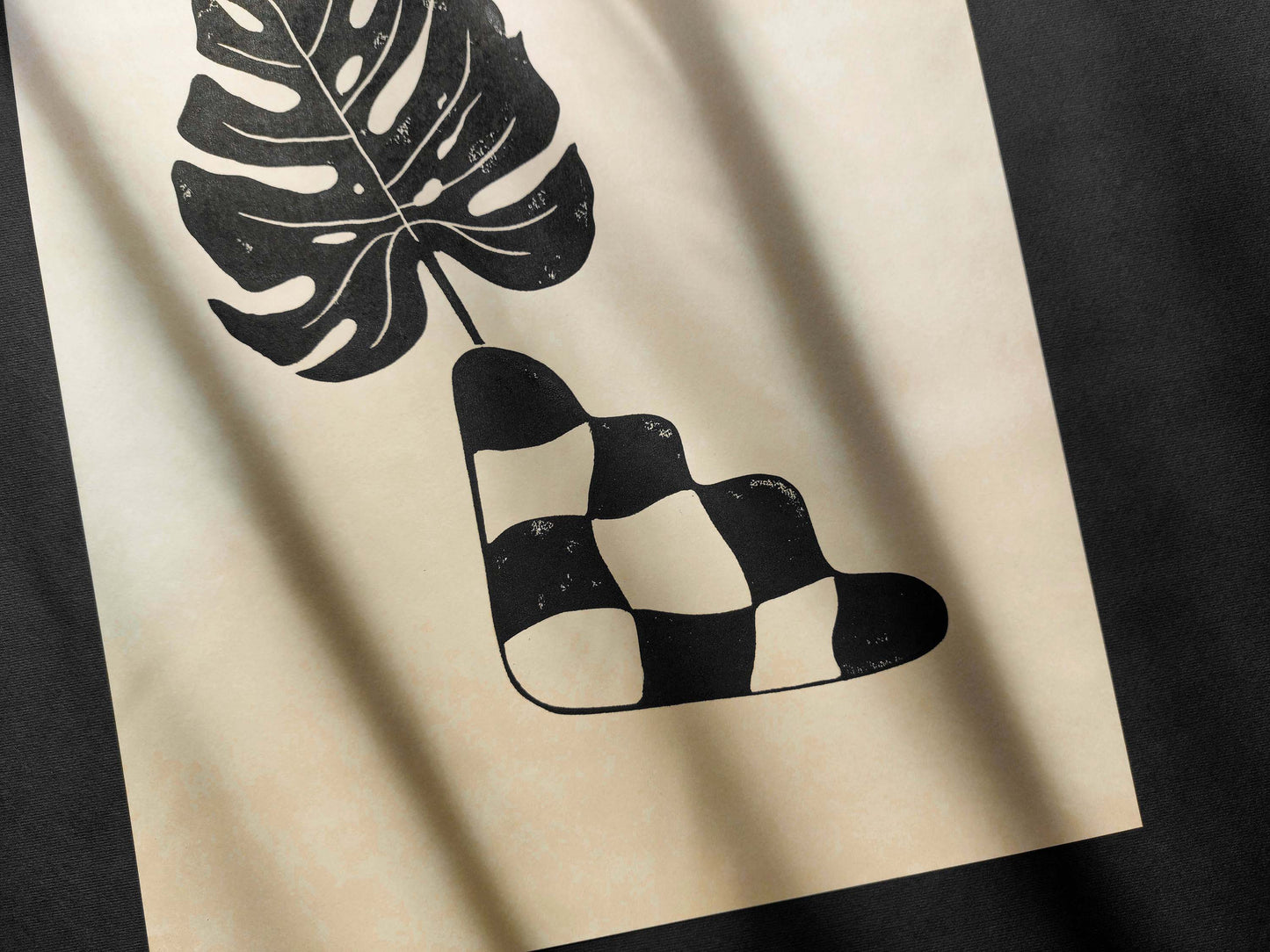 Black and beige checkered vase and monstera leaf wall art Linocut print / lino print / linogravure / original artwork / relief print / handmade art