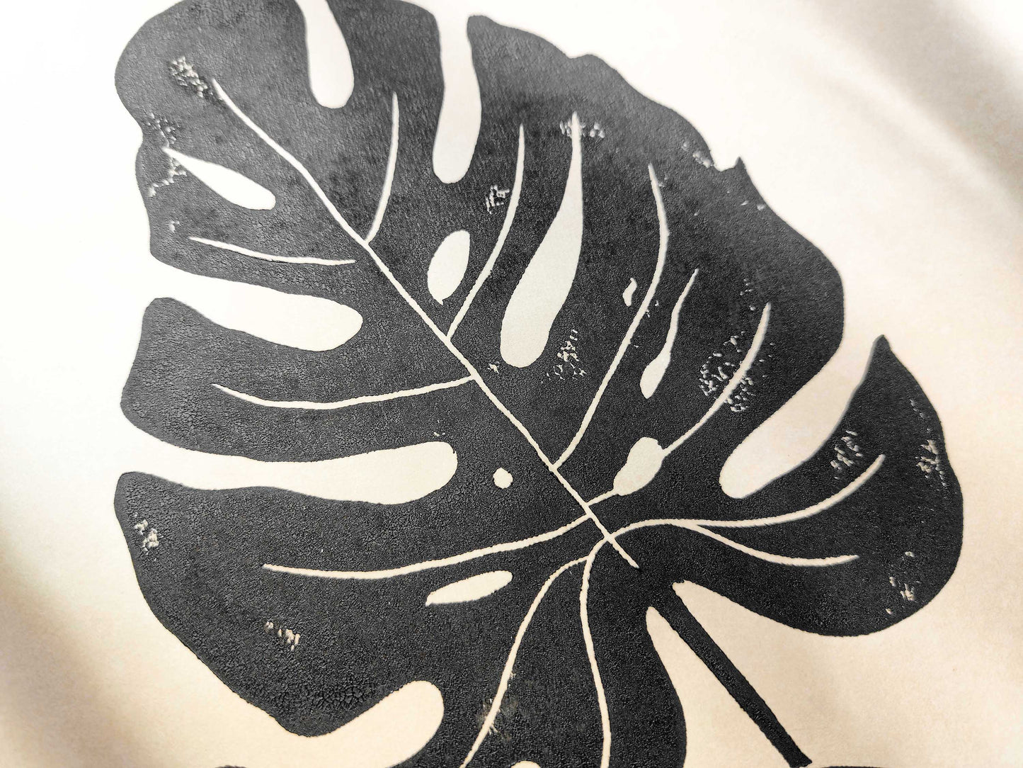 Black and beige checkered vase and monstera leaf wall art Linocut print / lino print / linogravure / original artwork / relief print / handmade art