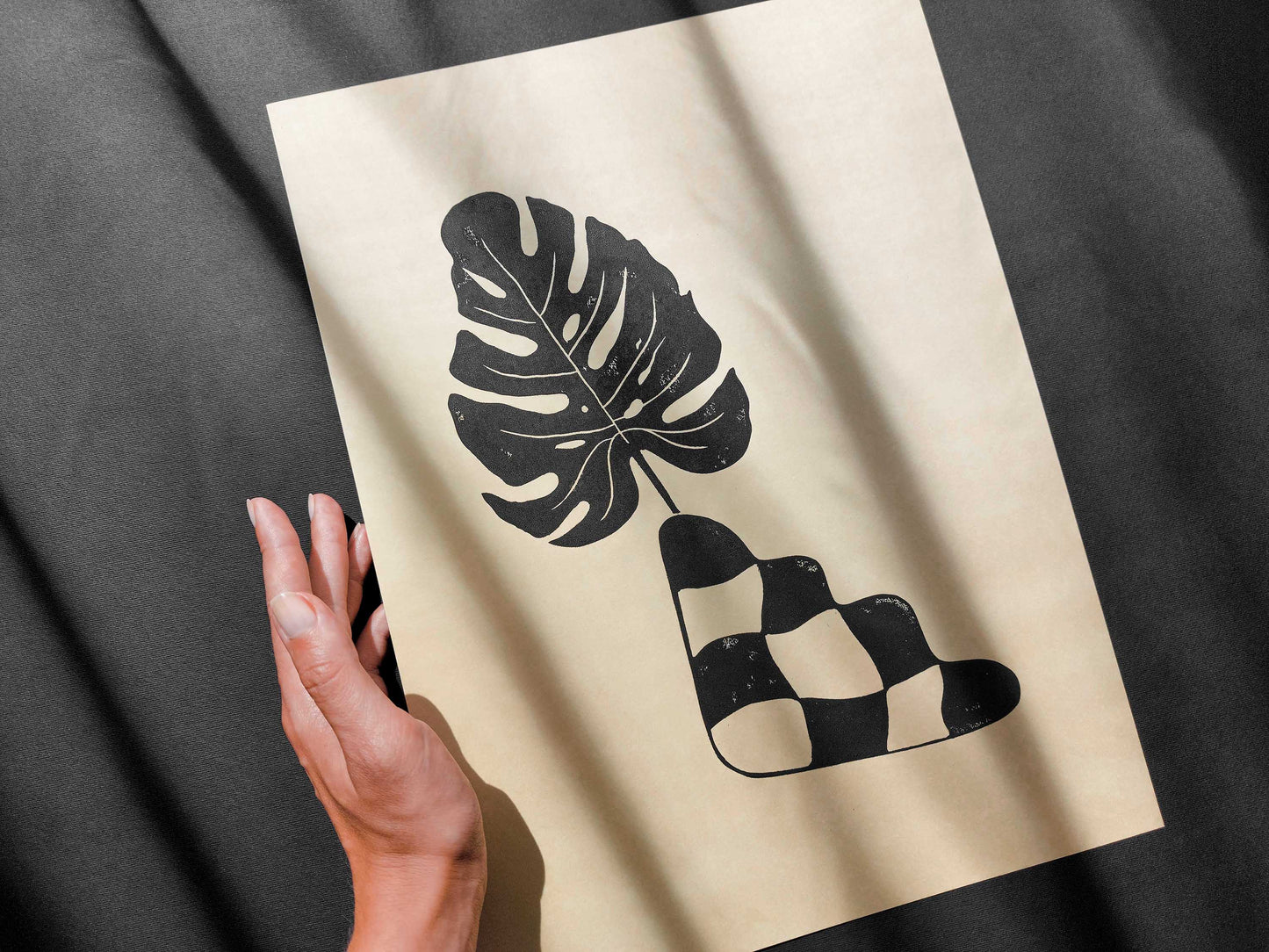 Black and beige checkered vase and monstera leaf wall art Linocut print for New home gift UNFRAMED for living room, bedroom and modern kitchen and dining room