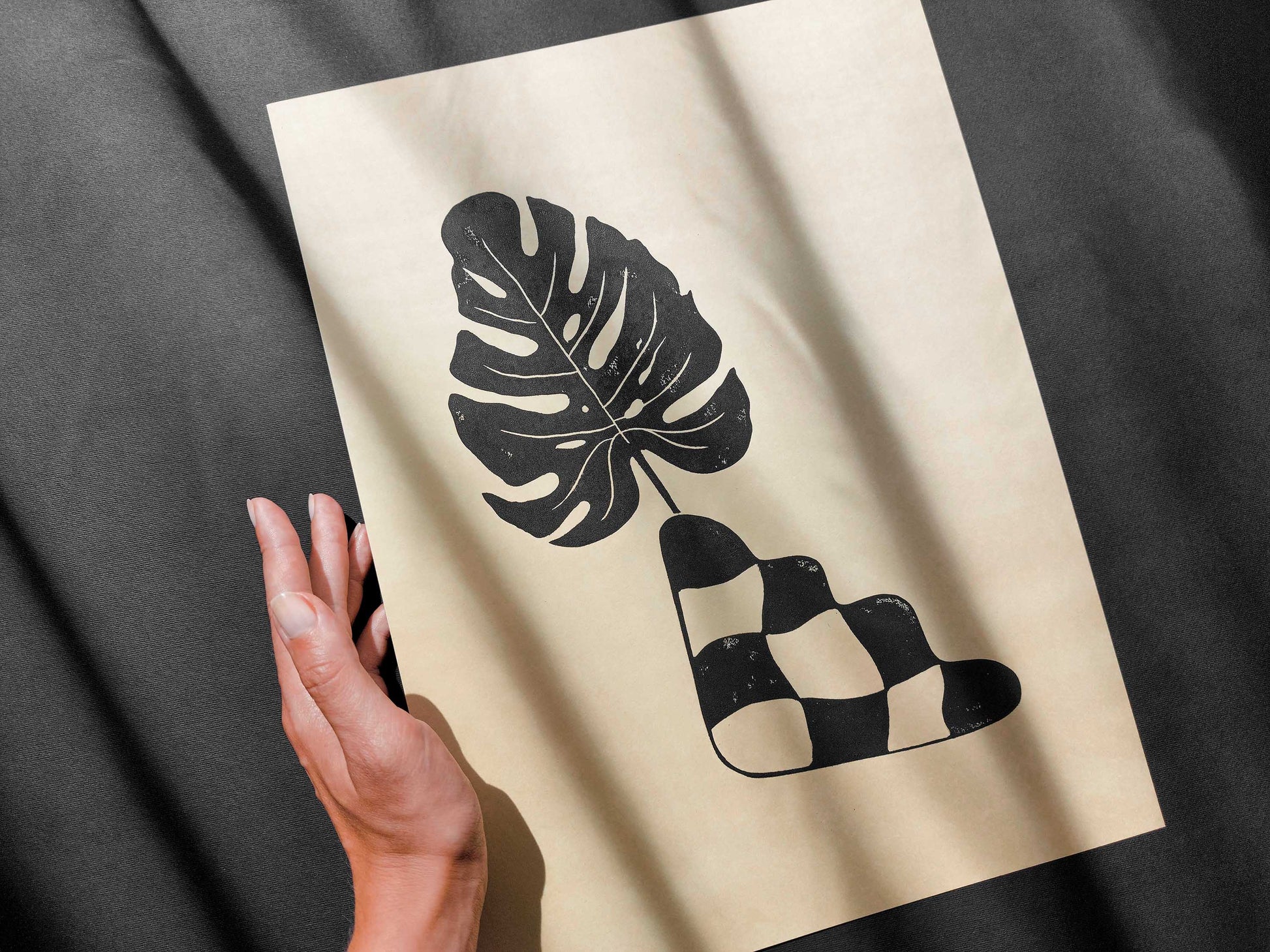 Black and beige checkered vase and monstera leaf wall art Linocut print for New home gift UNFRAMED for  living room, bedroom and modern kitchen and dining room