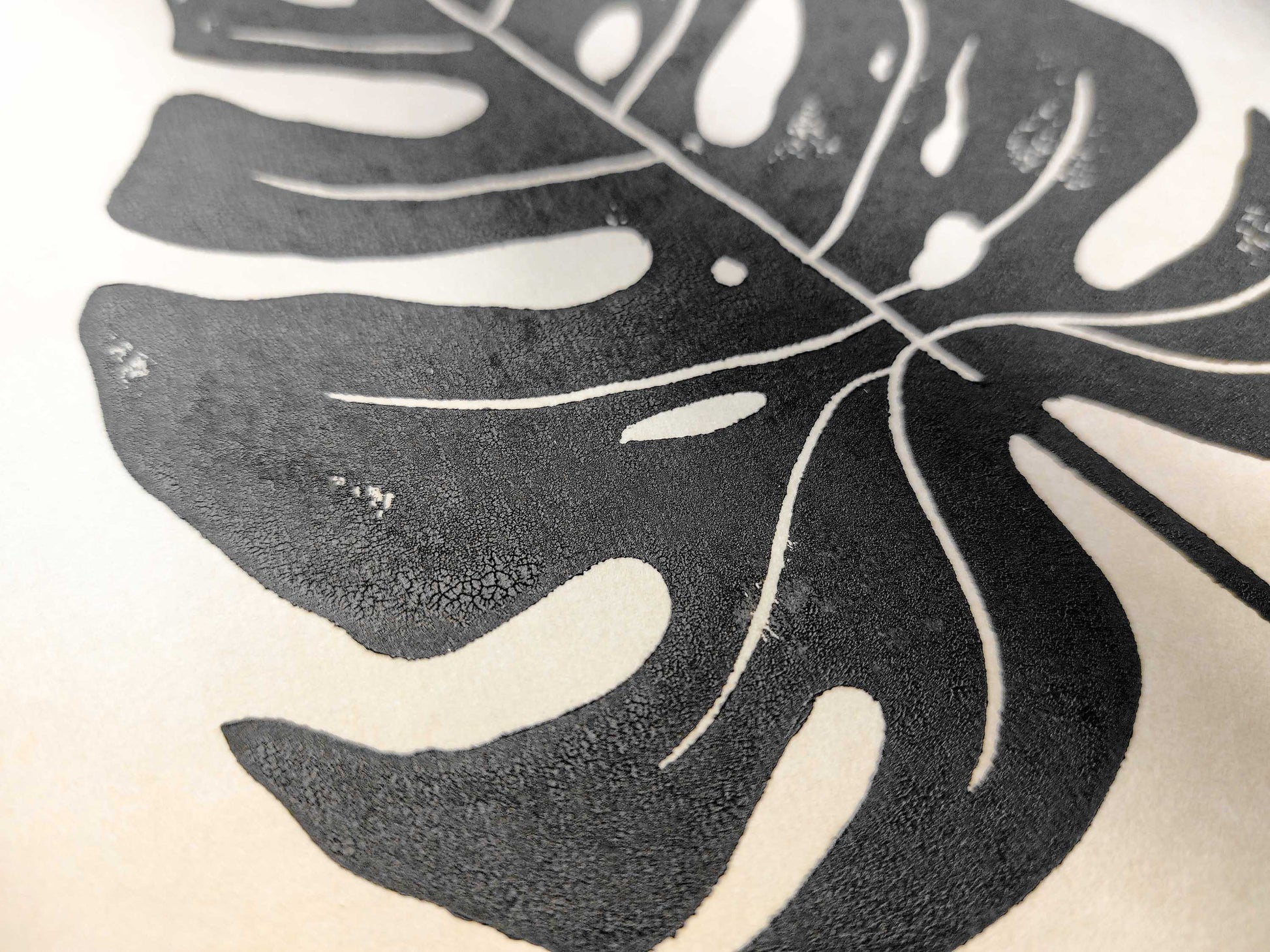 Black and beige checkered vase and monstera leaf wall art Linocut print / lino print / linogravure / original artwork / relief print / handmade art