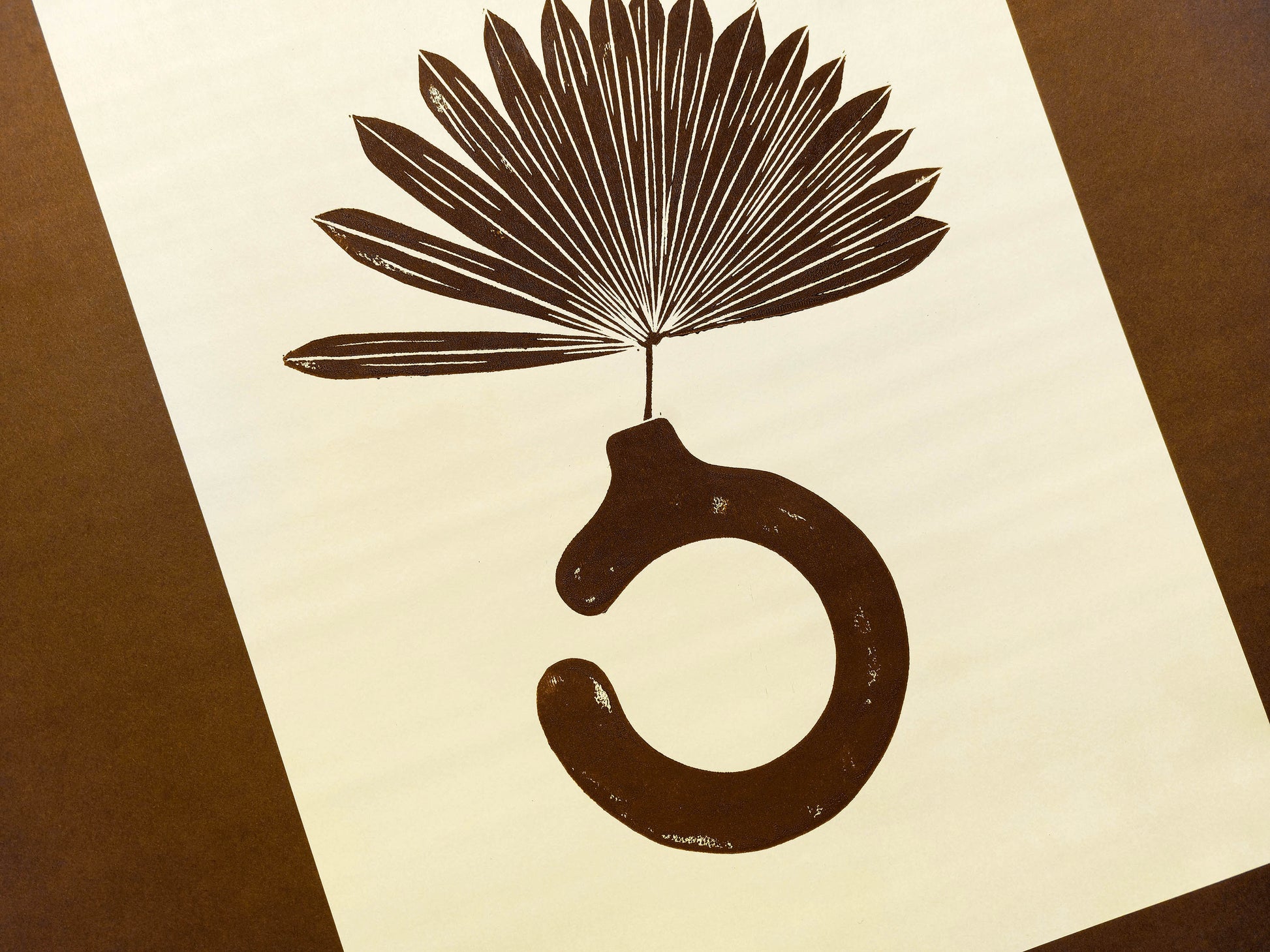 Yellow and brown Boho vase and plant art Linocut print for New home gift UNFRAMED for living room or bedroom