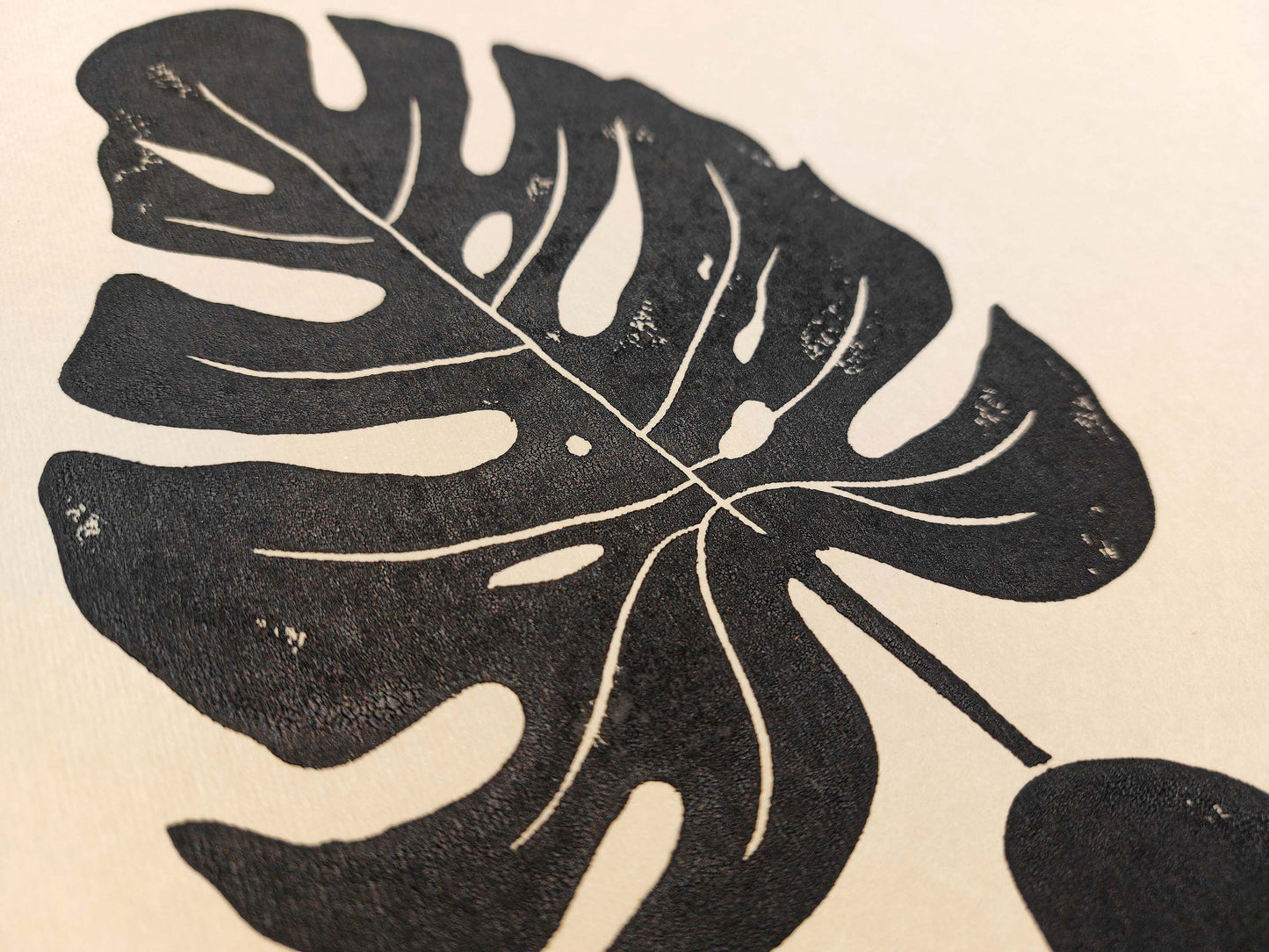 Black and beige checkered vase and monstera leaf wall art Linocut print / lino print / linogravure / original artwork / relief print / handmade art