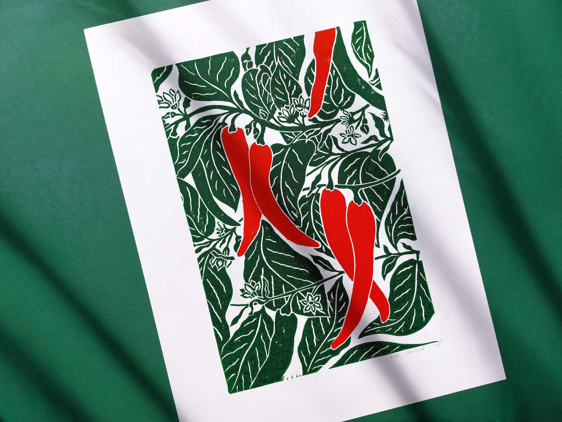 Red chili pepper plant linocut print  / Original artwork Botanical fruit for modern kitchen wall art or Nature lover gift UNFRAMED for modern kitchen / living room or dining room / bedroom wall decor