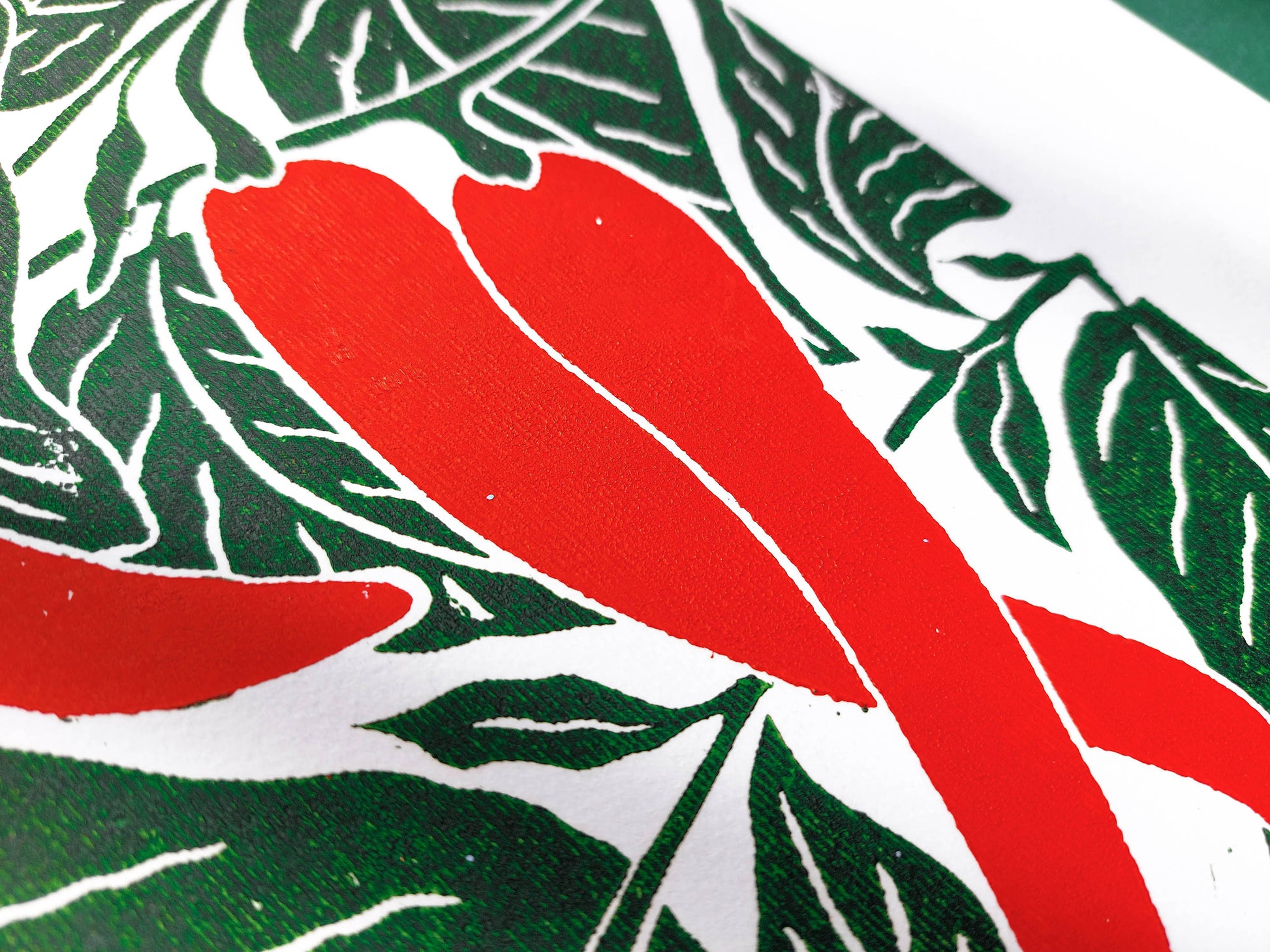 Details Red chili pepper green plant linocut print  / Original artwork / relief print / lino print / linogravure / block print / printmaking