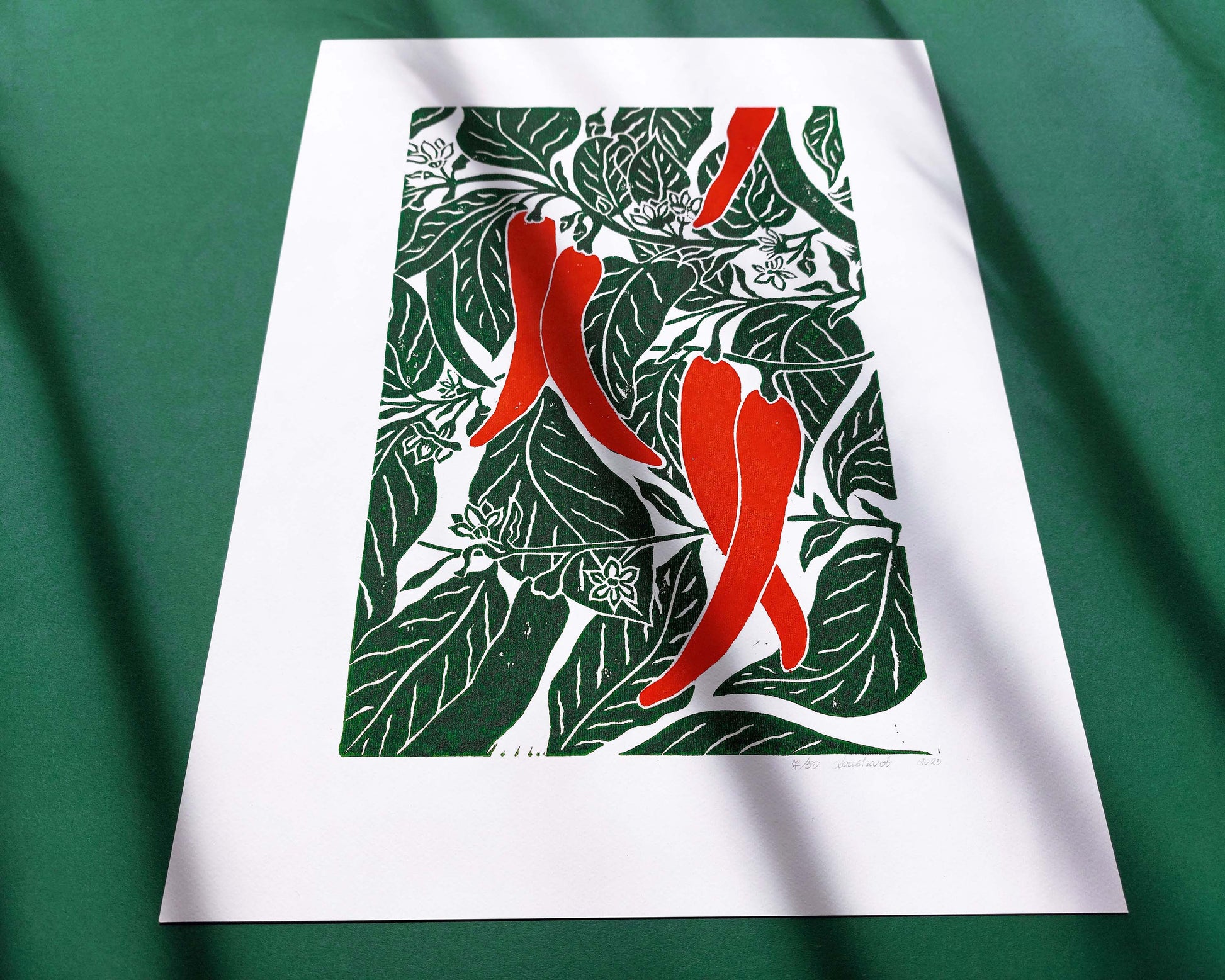 Red chili pepper plant linocut print  / Original artwork Botanical fruit for modern kitchen wall art or Nature lover gift UNFRAMED for modern kitchen / living room or dining room / bedroom wall decor