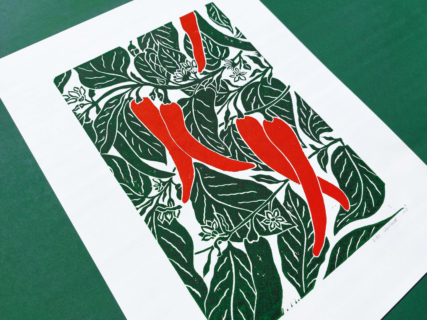 Red chili pepper plant linocut print / Original artwork Botanical fruit for modern kitchen wall art or Nature lover gift UNFRAMED for modern kitchen / living room or dining room / bedroom wall decor