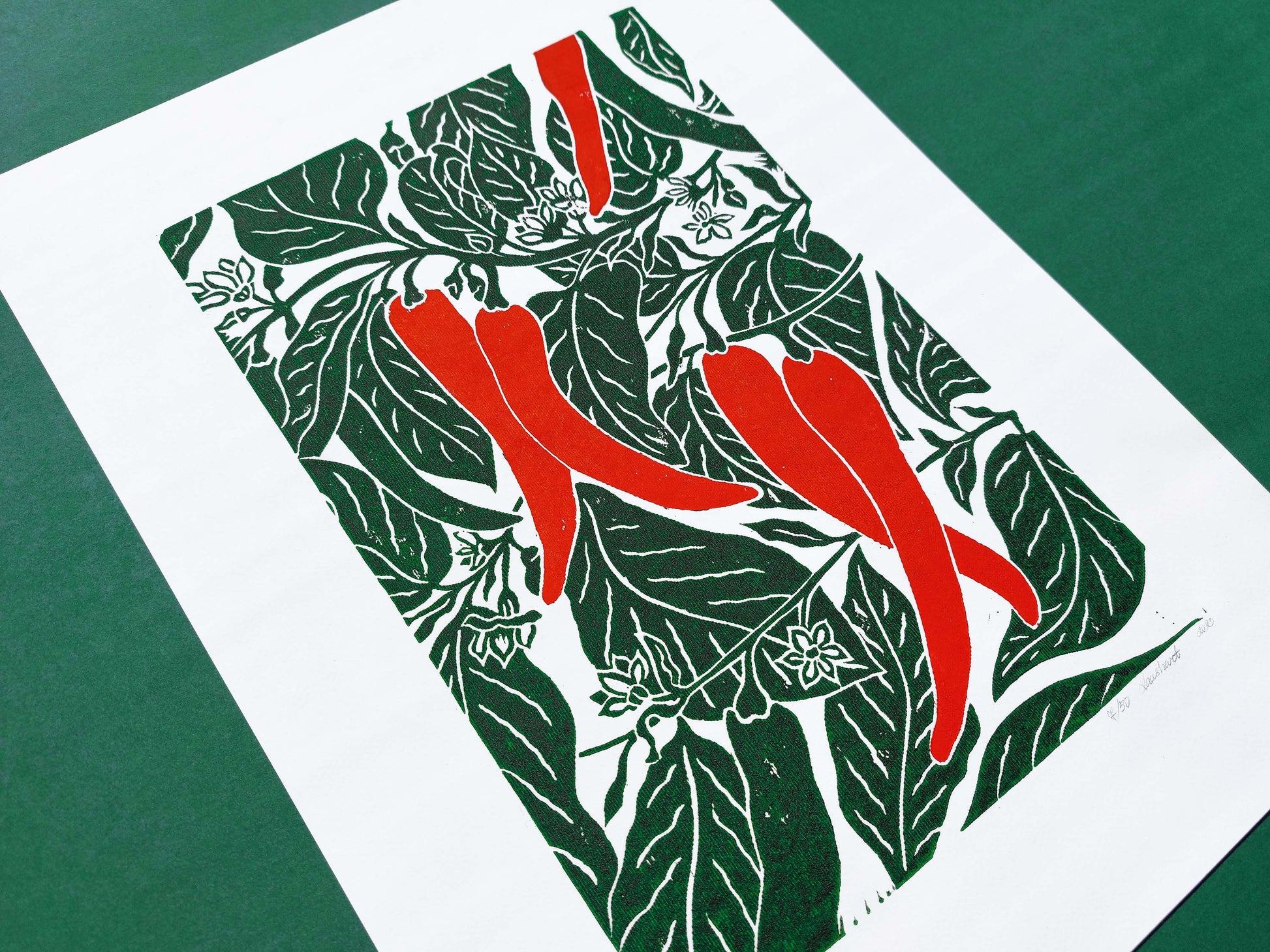 Red chili pepper plant linocut print  / Original artwork Botanical fruit for modern kitchen wall art or Nature lover gift UNFRAMED for modern kitchen / living room or dining room / bedroom wall decor