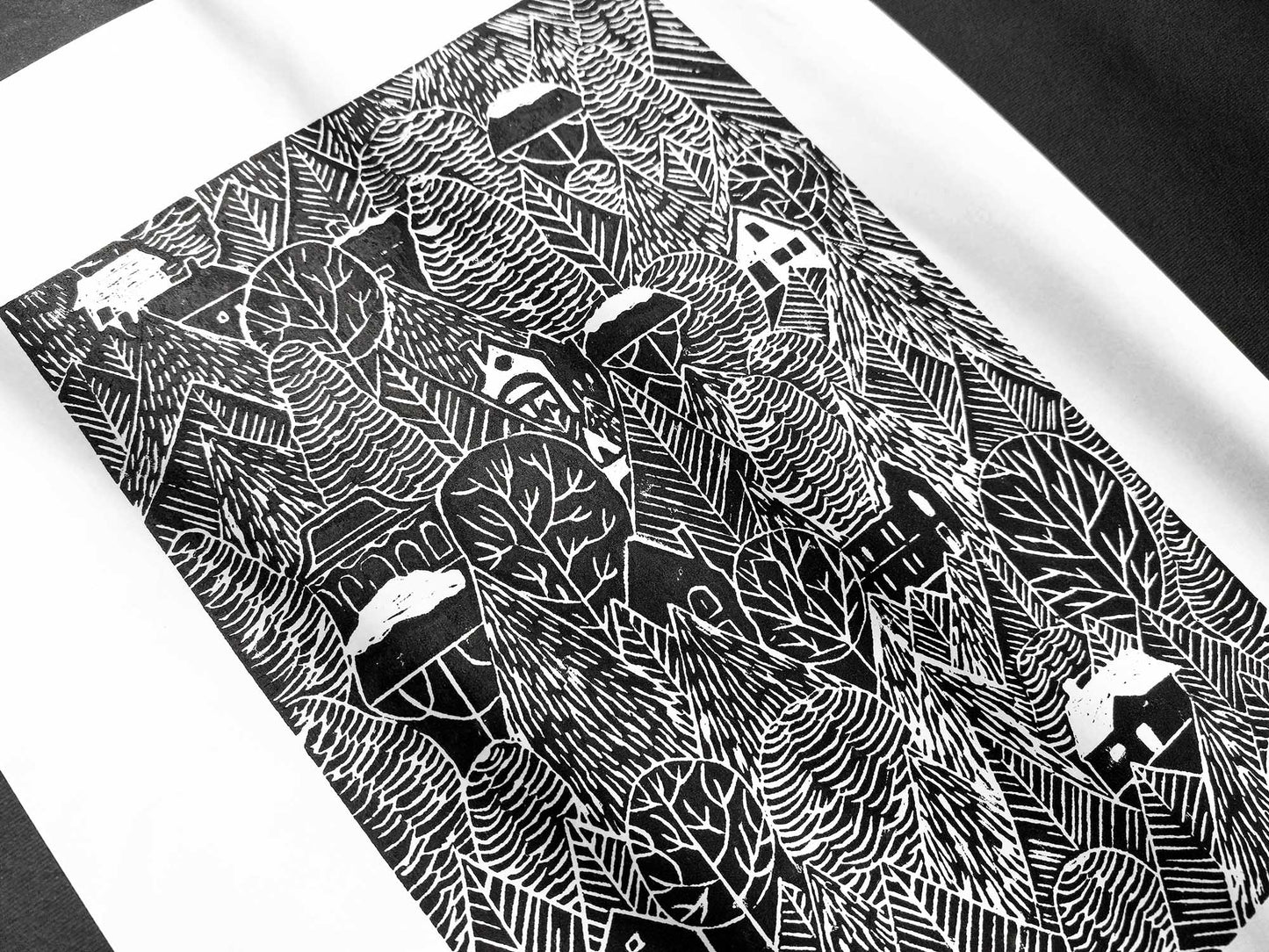 Black autumn forest with houses Linocut print 12x16in for Nature lover gift UNFRAMED / printmaking art, original artwork, lino print, linogravure, block print, relief print, handmade art, bedroom wall art, living room decor, nursery wall art