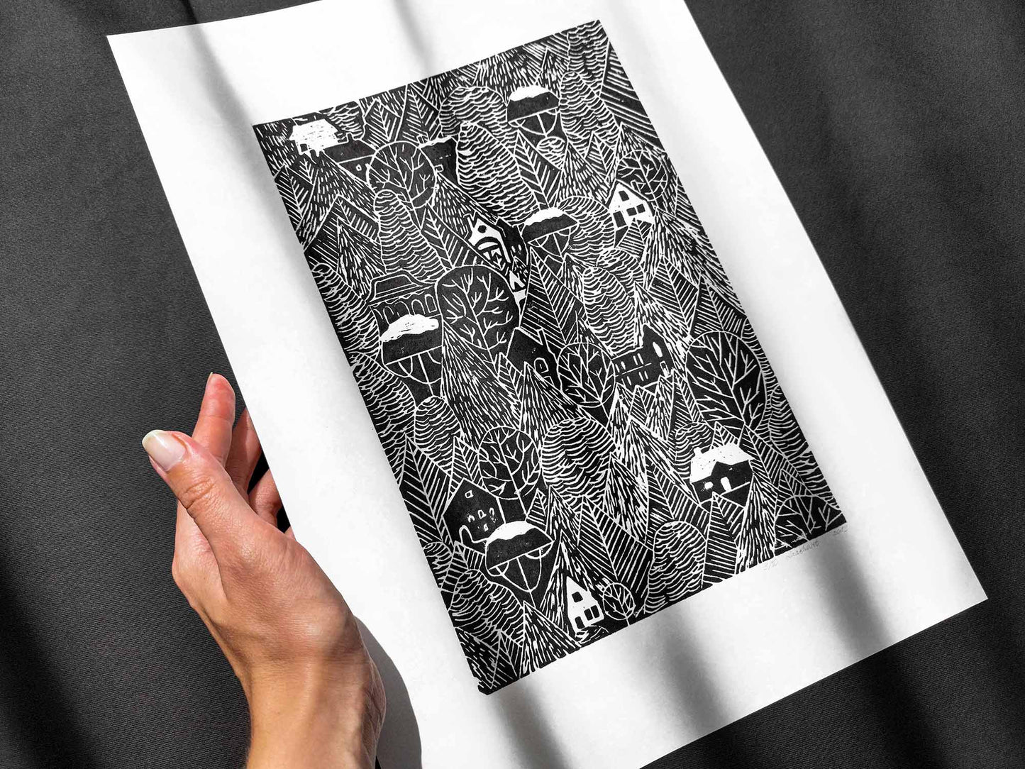 Black autumn forest with houses Linocut print 12x16in for Nature lover gift UNFRAMED / printmaking art, original artwork, lino print, linogravure, block print, relief print, handmade art, bedroom wall art, living room decor, nursery wall art